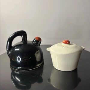 50s Vintage Ceramic Black Tea Kettle And White Cook Pot